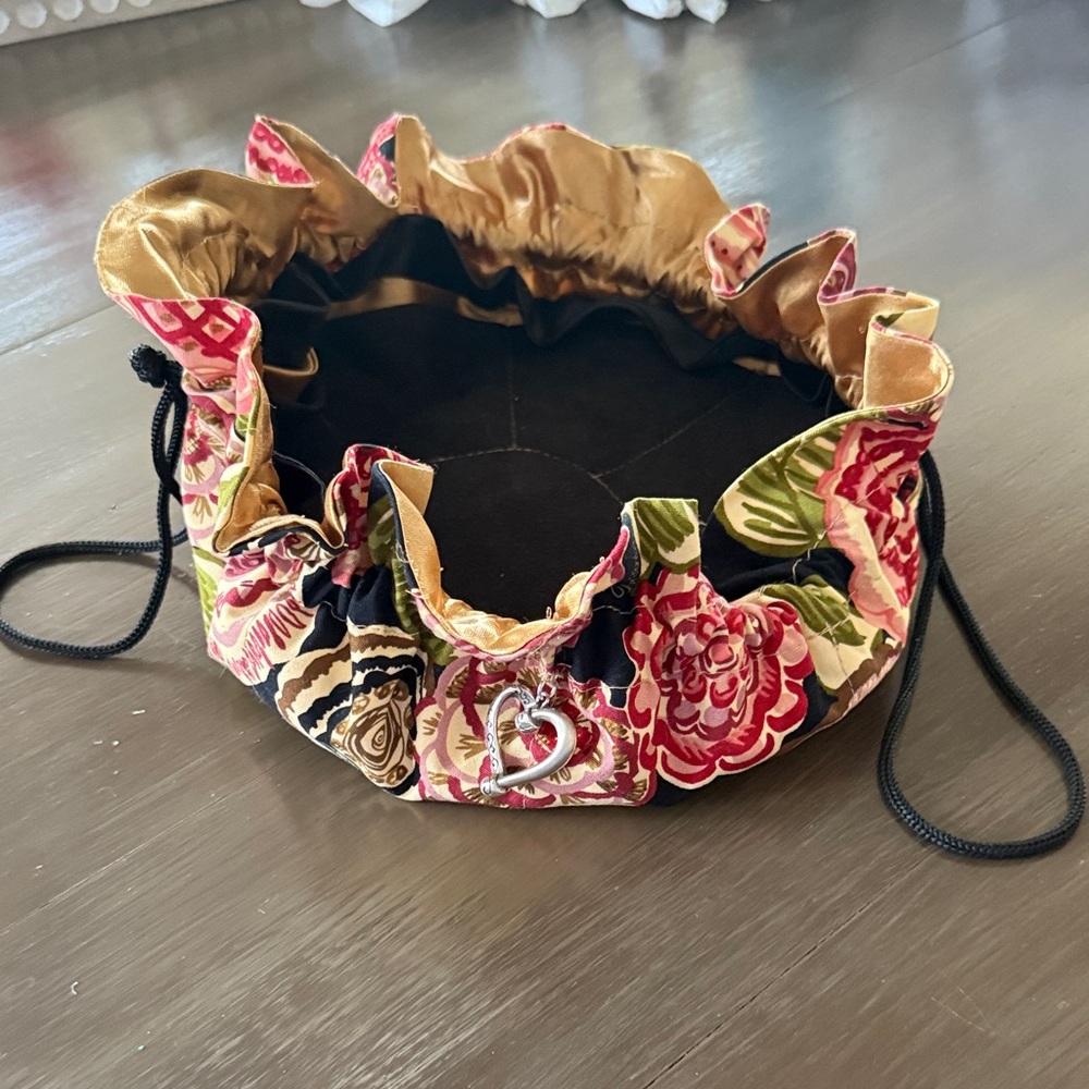 Brighton Black Floral(Retired Pattern) Drawstring Jewelry Pouch with Heart Charm